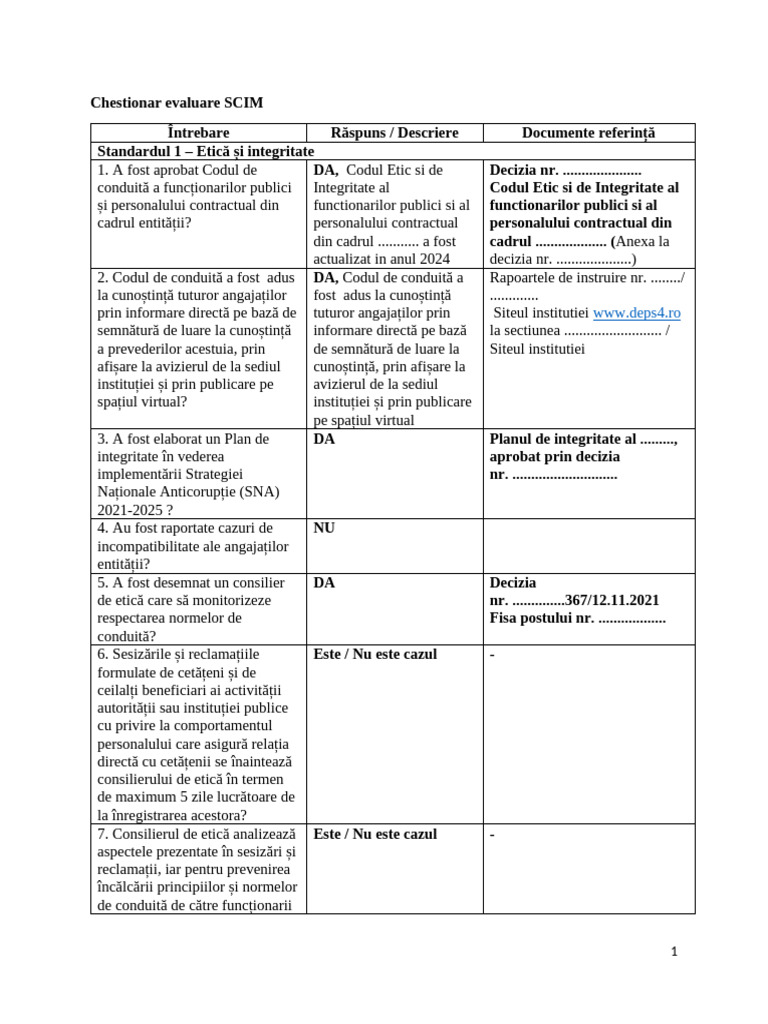 Model Chestionar Evaluare SCIM | PDF