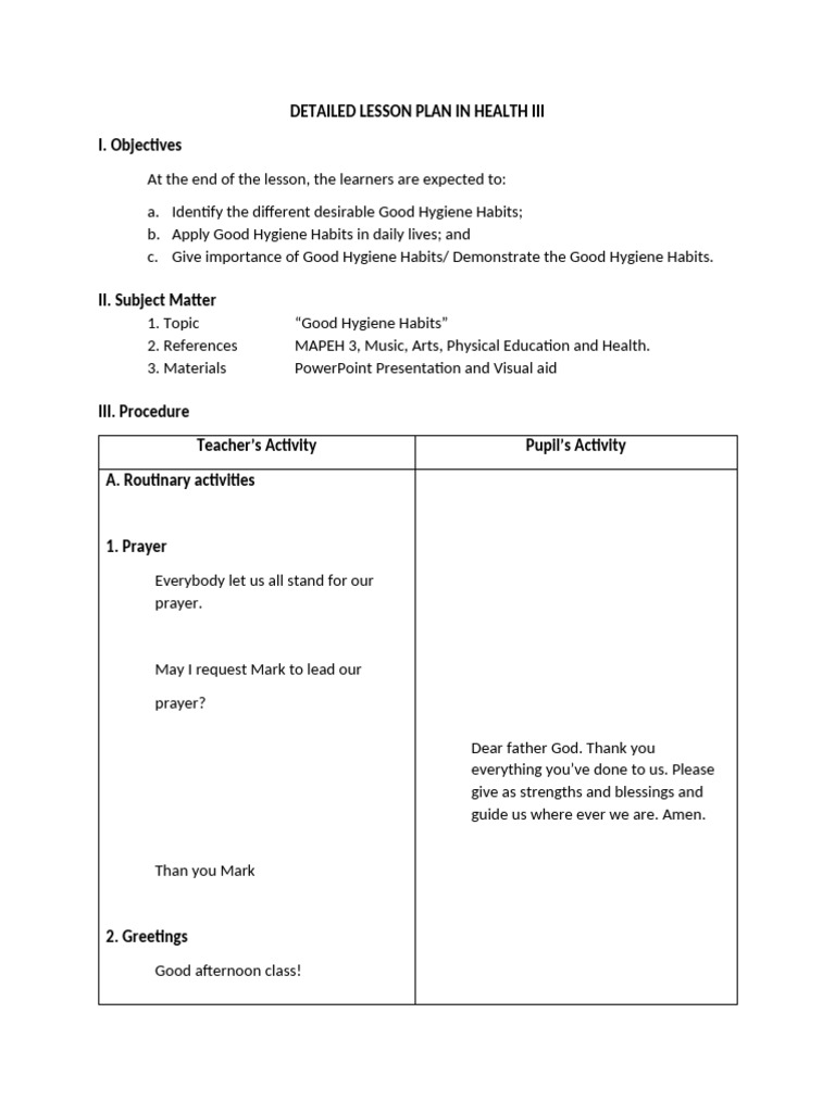 Good Hygiene Habits Lesson Plan | PDF | Hygiene | Nail (Anatomy)