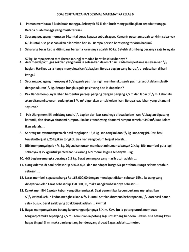 PDF Soal Cerita Pecahan Desimal Matematika Kelas 6 - Compress | PDF
