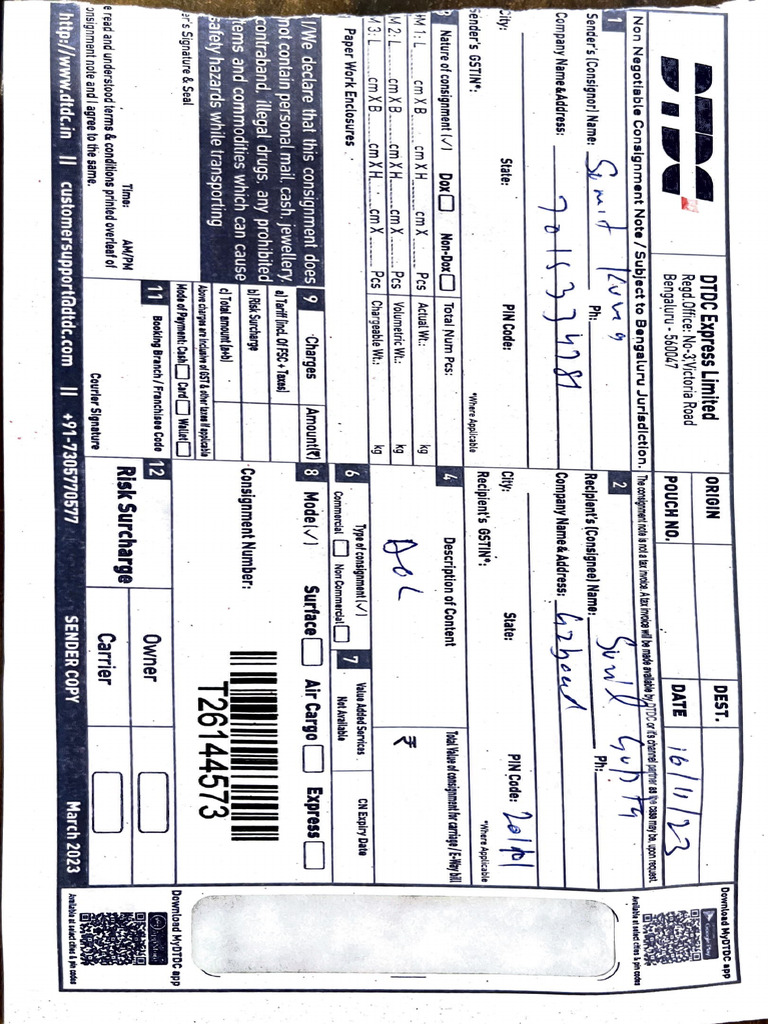 DTDC Express Consignment Note Template | PDF