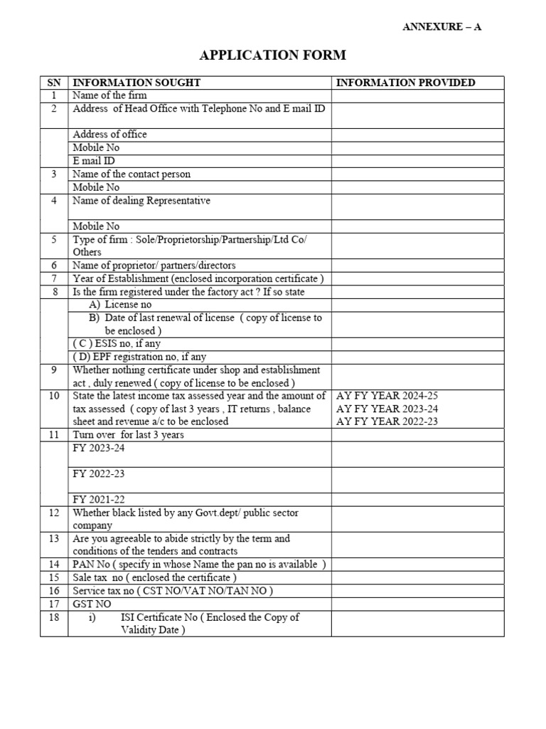 Annexure A Application Form for Vendors | PDF | Sole Proprietorship ...