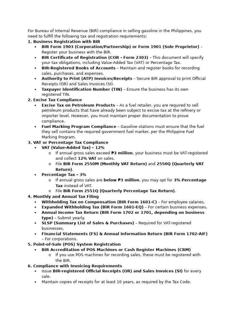 BIR Compliance for Gasoline Sales in the Philippines | PDF | Taxes ...
