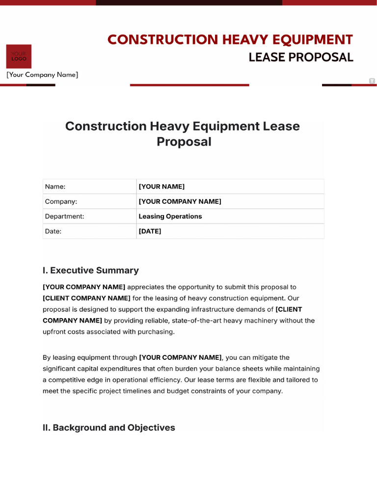 Construction Heavy Equipment Lease Proposal Template | PDF