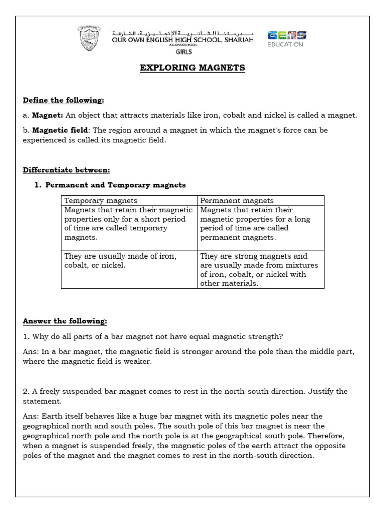 Grade6 2024-25 Exploring Magnets Notes | PDF | Magnet | Magnetism
