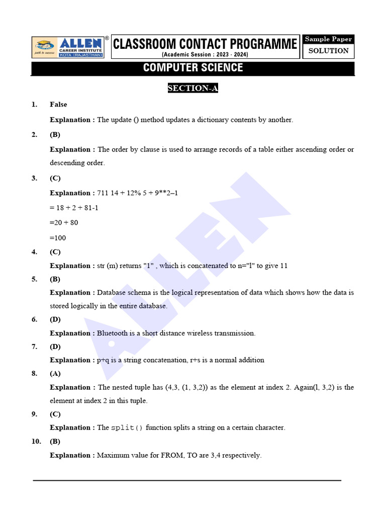 Sample Paper Computer Science Paper Sol | PDF | String (Computer ...