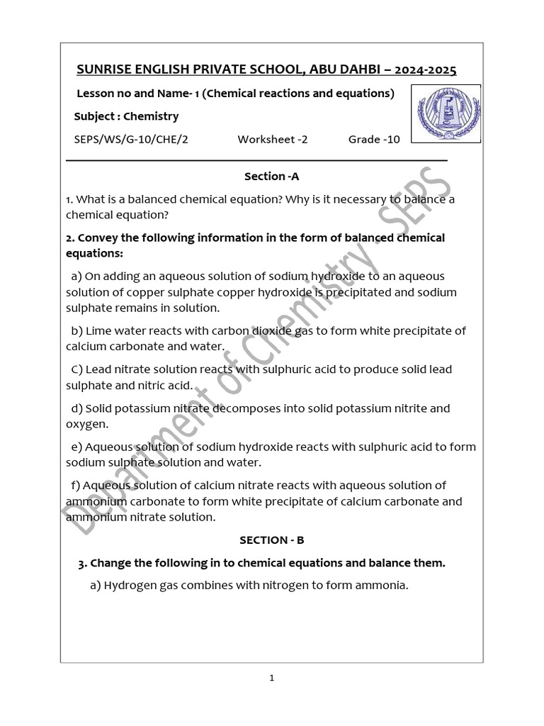Chemical reactions and equations WS 2 -2024-25 (1) | PDF | Oxide ...