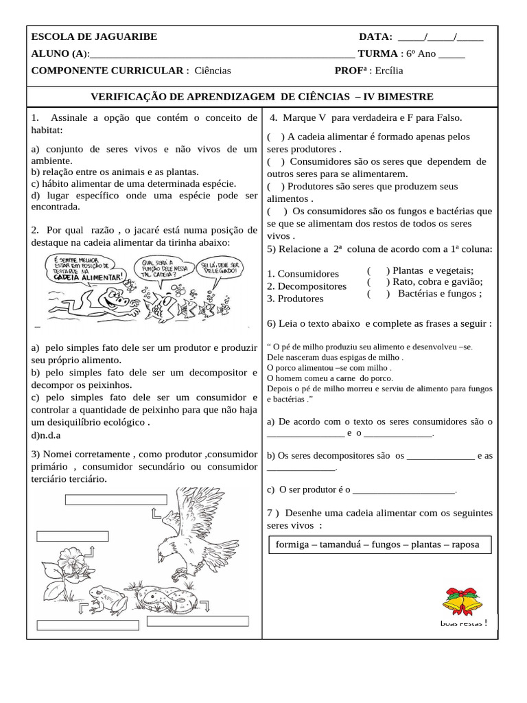 6º a Prova de Ciencias IV Bimestre | PDF | Decomposição | Plantas