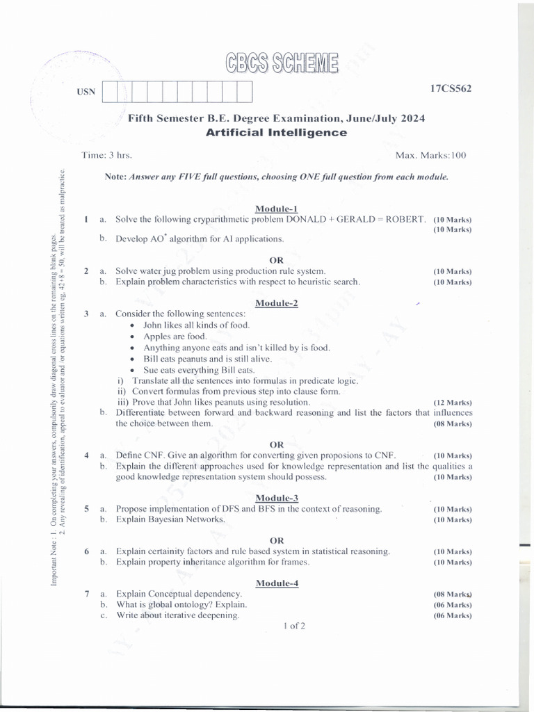 AI Exam Questions for June 2024 | PDF | Artificial Intelligence ...