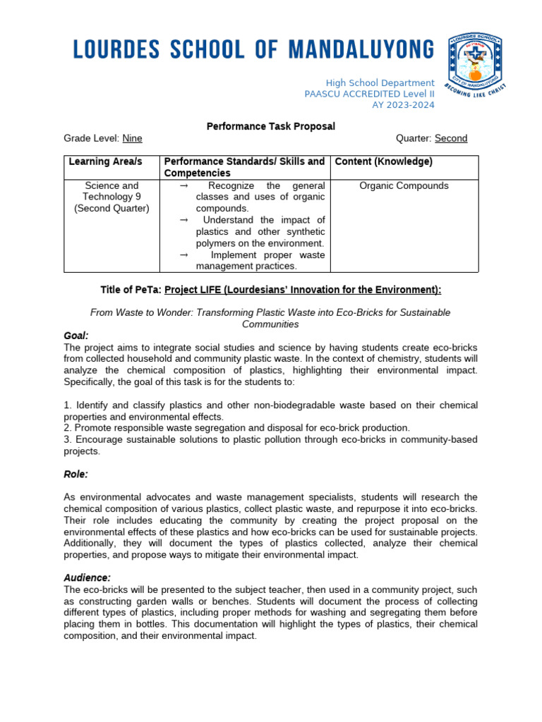 Eco-Brick Project Proposal for Grade 9 | PDF | Waste Management | Plastic