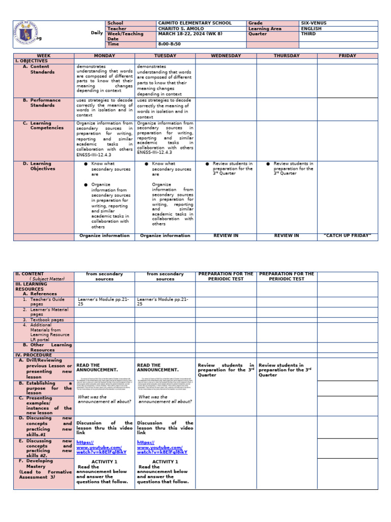 Grade 6 English Lesson Plan: Week 8 | PDF | Learning | Pedagogy