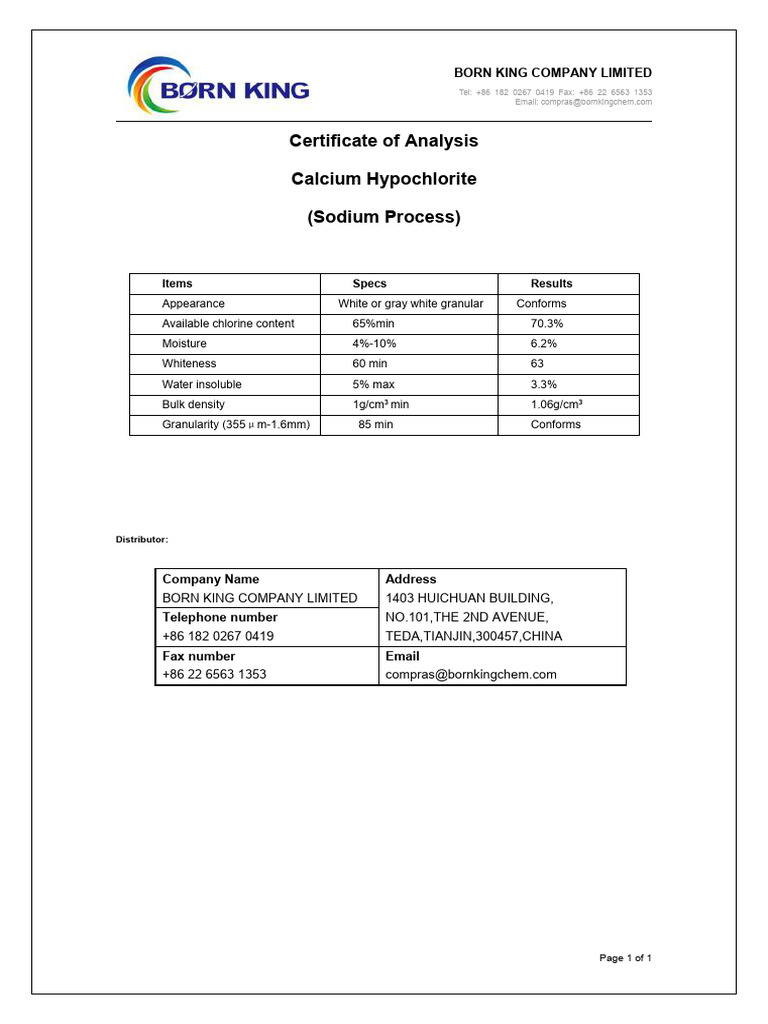 Calcium Hypochlorite Analysis Report | PDF