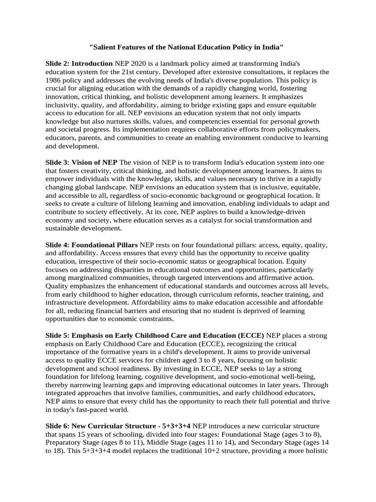 Salient Features of NEP 2020 | PDF | Vocational Education | Educational ...