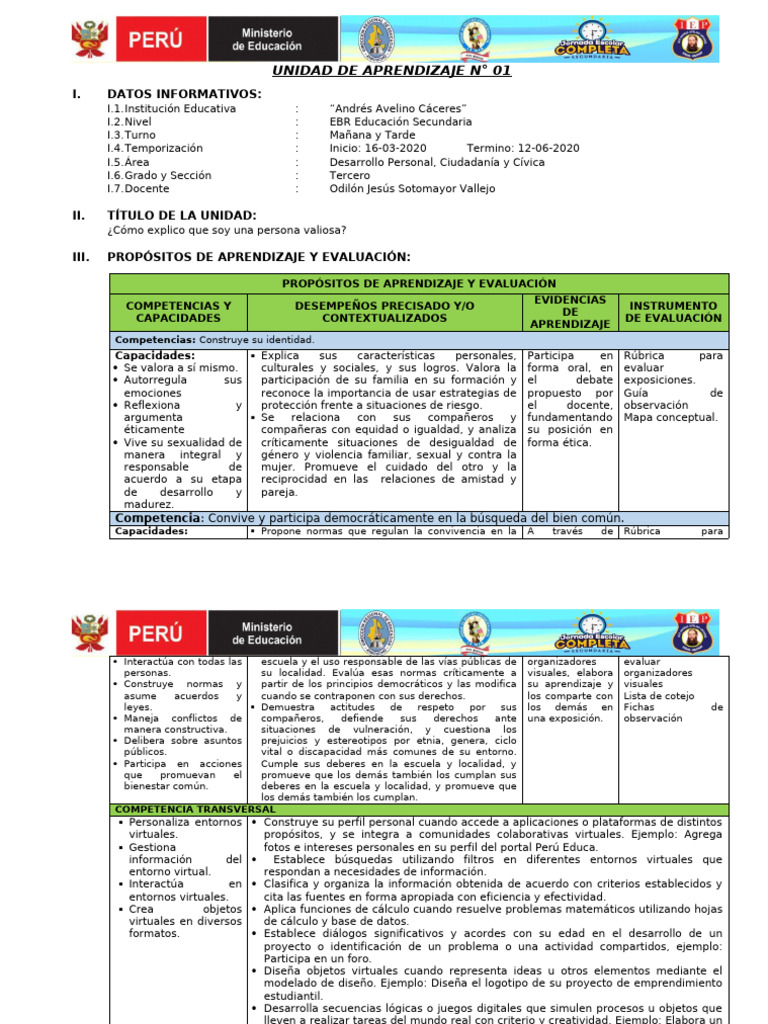 01 Unidad DPCC 3 | PDF | Aprendizaje | Enseñando