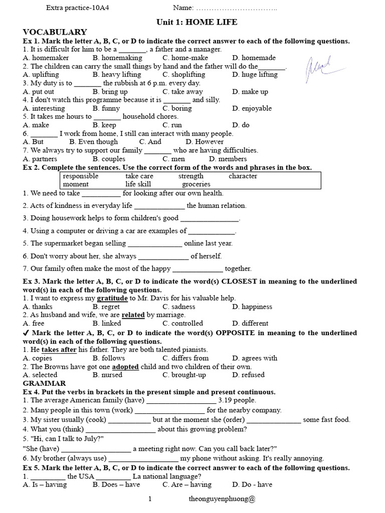 Vocabulary Practice: Home Life | PDF | Family