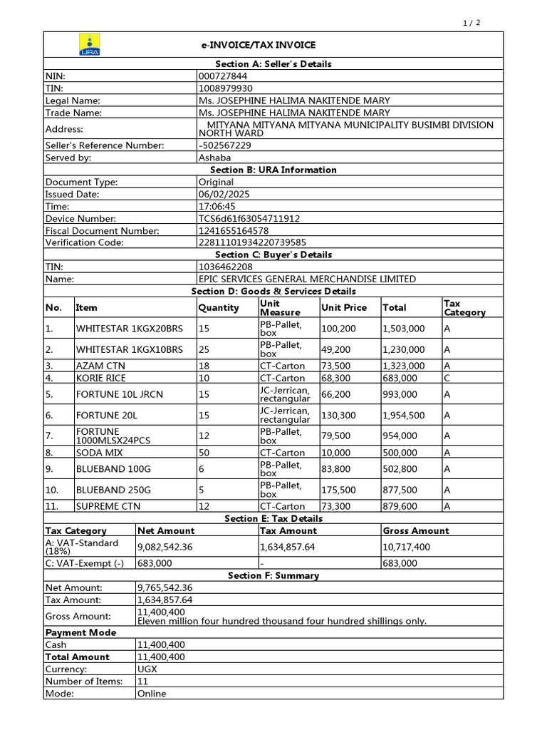 e-Invoice for Ms. Josephine Nakitende | PDF | Invoice | Taxes