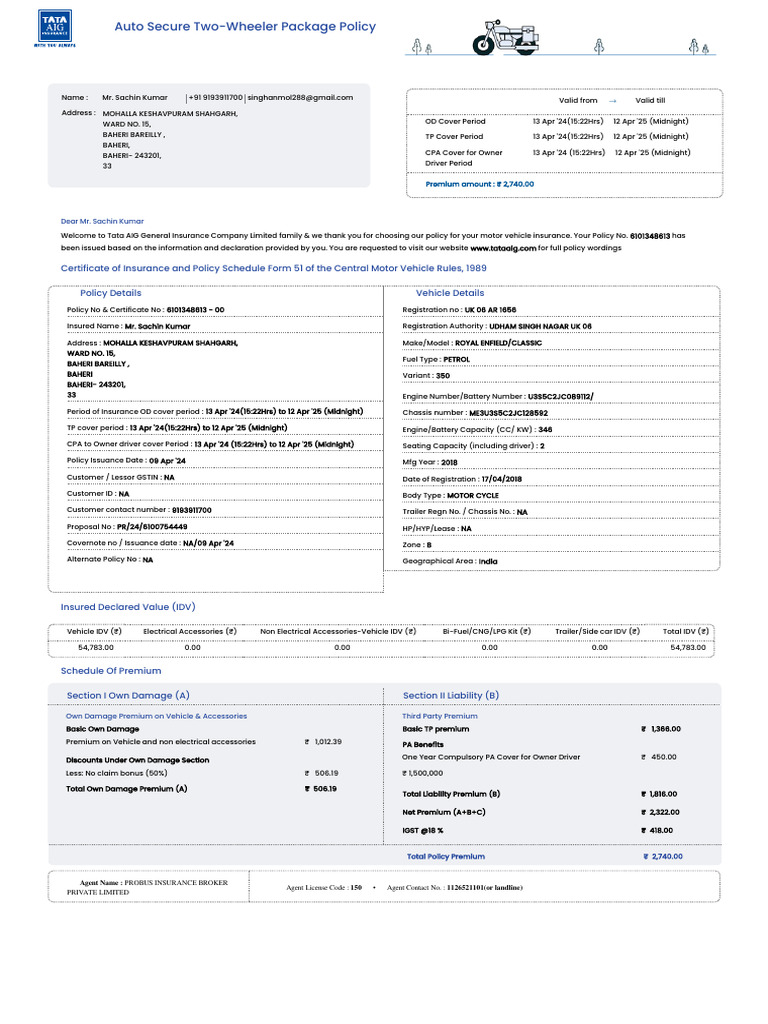 Tata AIG Motorcycle Insurance Policy | PDF | Insurance | Receipt
