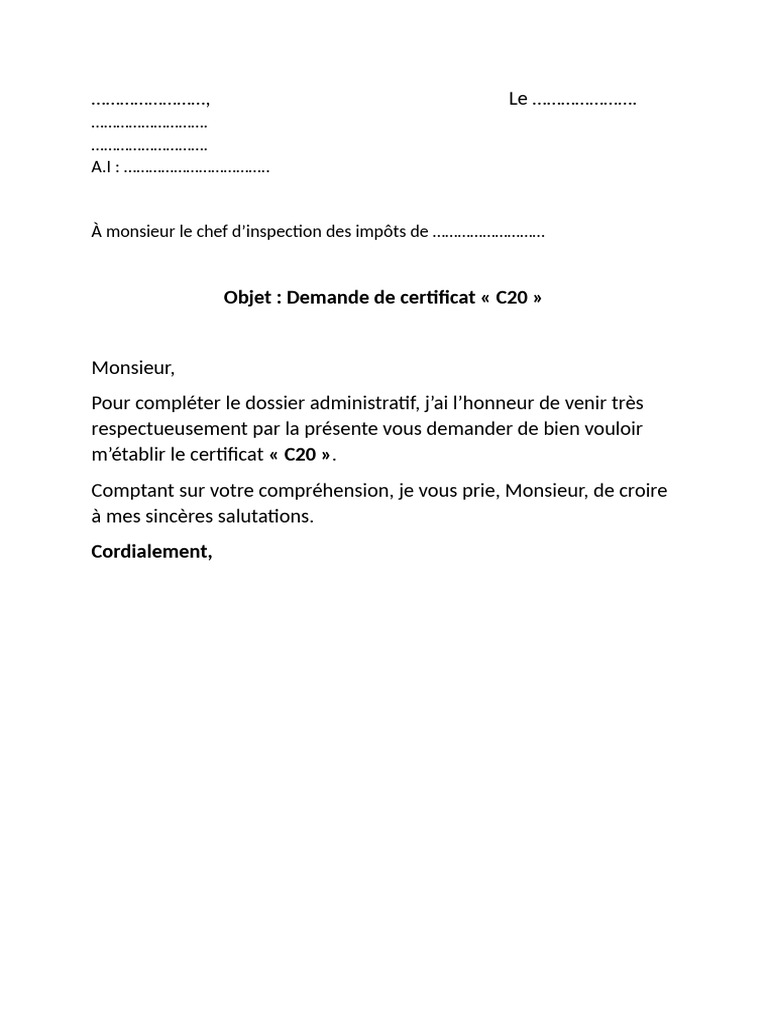 Demande de certificat C20 pour impôts | PDF