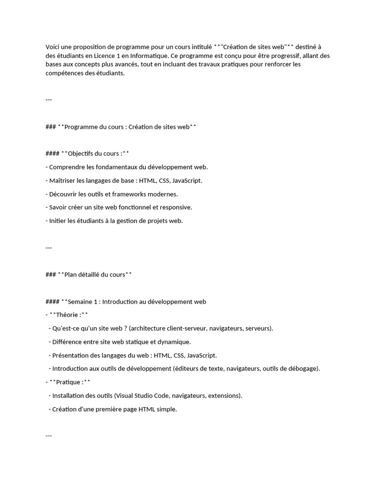 Programme de cours : Création de sites web | PDF | Sites web ...