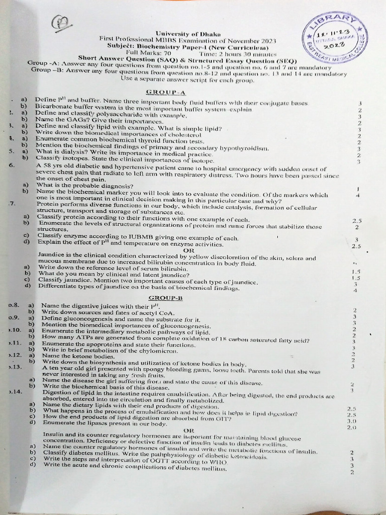 1st Prof. Biochemistry Paper I (Nov. New) | PDF | Clinical Medicine ...