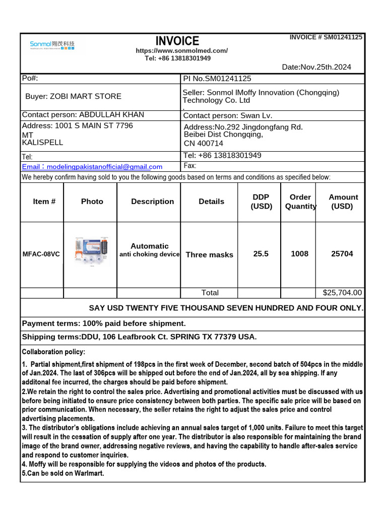 Sonmol Invoice PI-SM01241125 2 | PDF | Invoice | Prices
