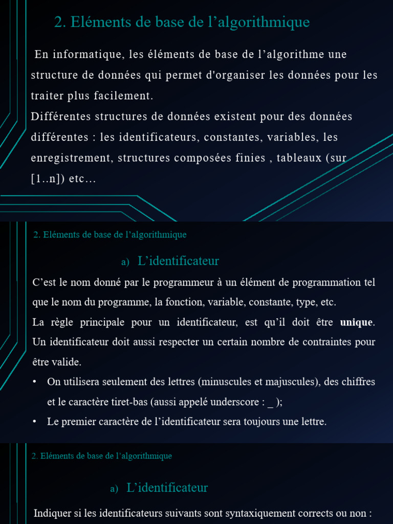 Éléments de base en algorithmique | PDF | Variable (informatique) | Booléen