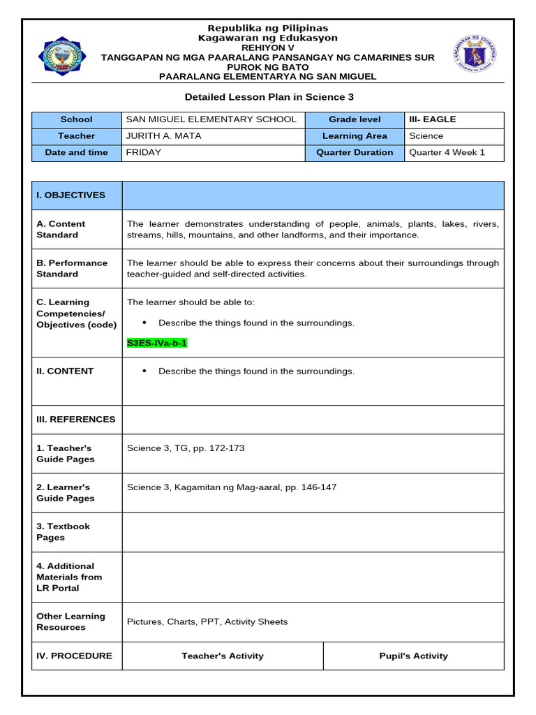 Detailed Lesson Plan in Science 3 | PDF | Learning