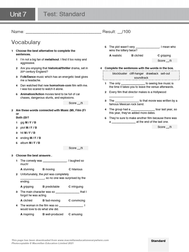 Unit 7 Standard Test: Vocabulary & Grammar | PDF