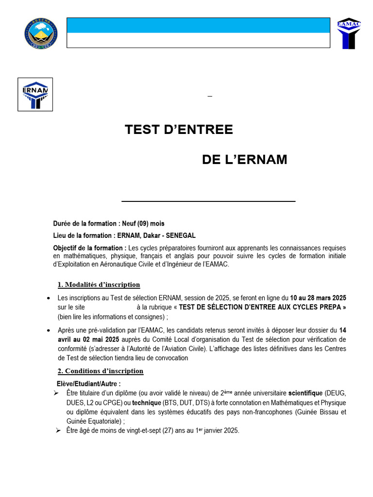 Test de sélection ERNAM 2025 | PDF