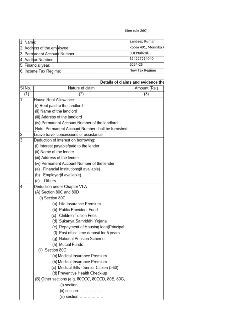 Income Tax Claims for Sandeep Kumar 2024-25 | PDF | Taxation | Payments