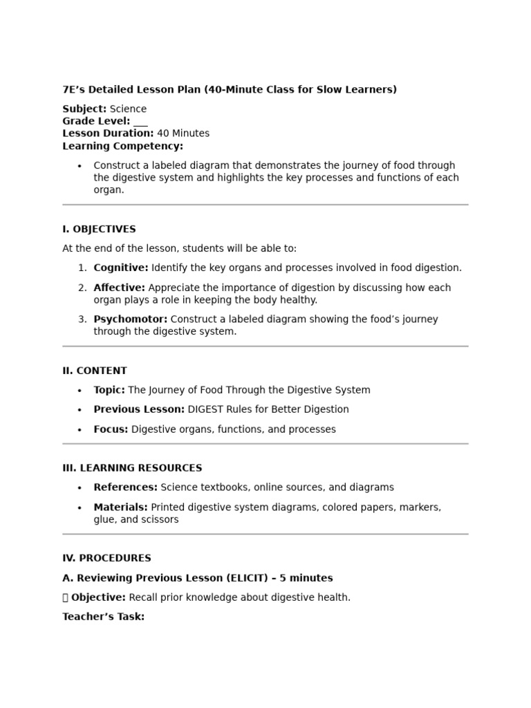 7 E's Feb 21 Lesson Plan Outline | PDF | Gastrointestinal Tract | Human ...