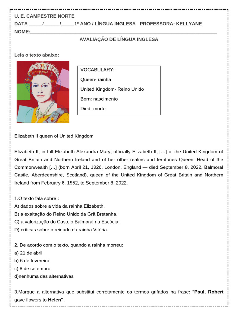Avaliação de Língua Inglesa - 1º Ano | PDF | Elizabeth II