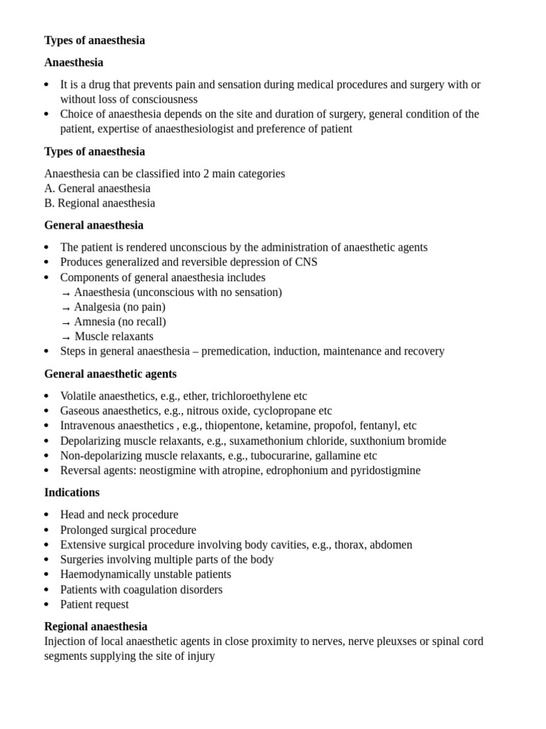 Types and Uses of Anaesthesia Explained | PDF | Anesthesia | Vein