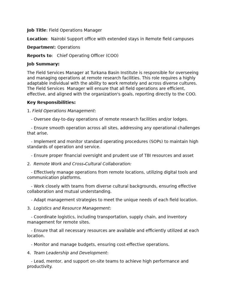 Field Operations Manager Job in Nairobi | PDF | Logistics | Chief ...