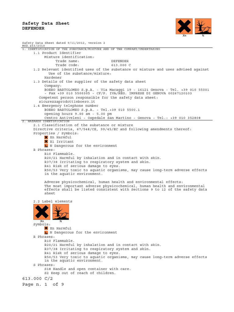 DEFENDER Safety Data Sheet Overview | PDF | Dangerous Goods | Toxicity