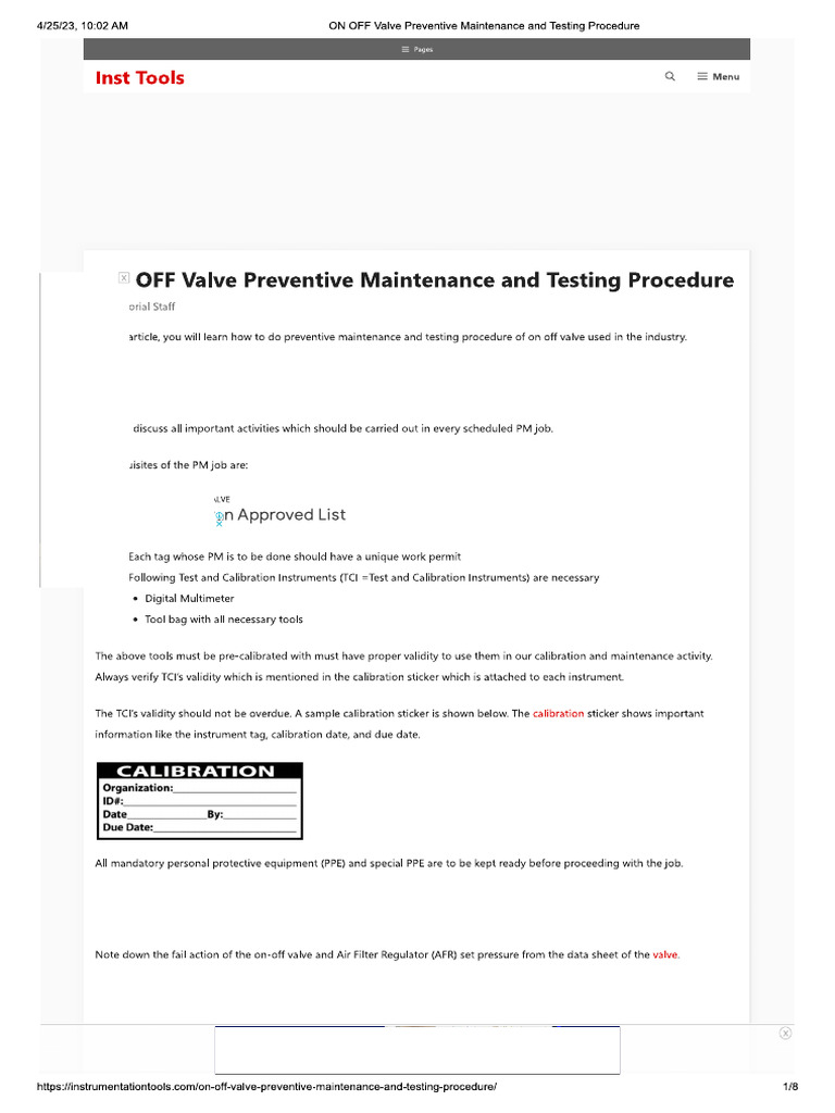 ON OFF Valve Preventive Maintenance and Testing Procedure | PDF