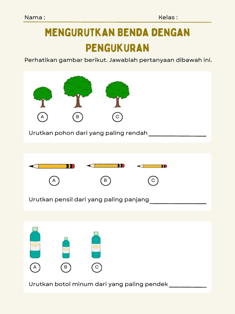 Mengurutkan Benda Dengan Pengukuran Lembar Kerja Kuning Ilustrasi ...