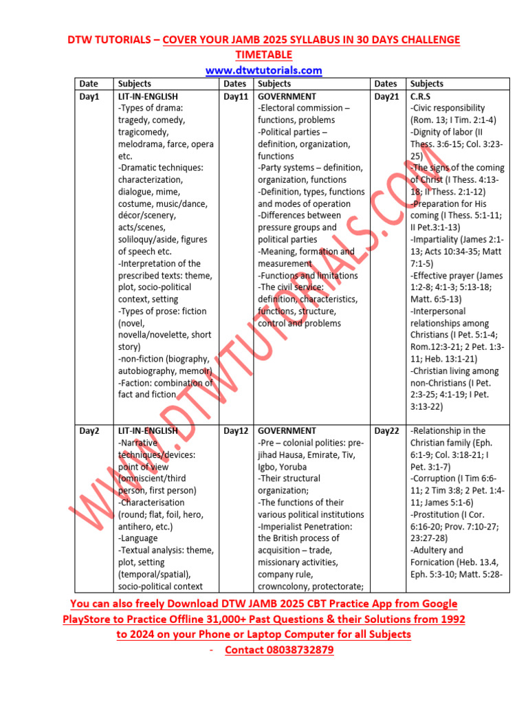 Govt-crs-lit-Eng - Jamb 30 Days Timetable Challenge by DTW Tutorials ...