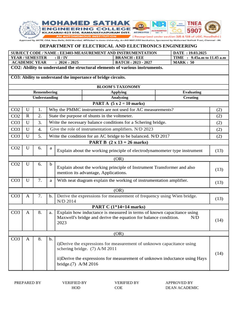 IAT 2 EE3403 24-25 SET 2 | PDF | Capacitance | Electrical Engineering