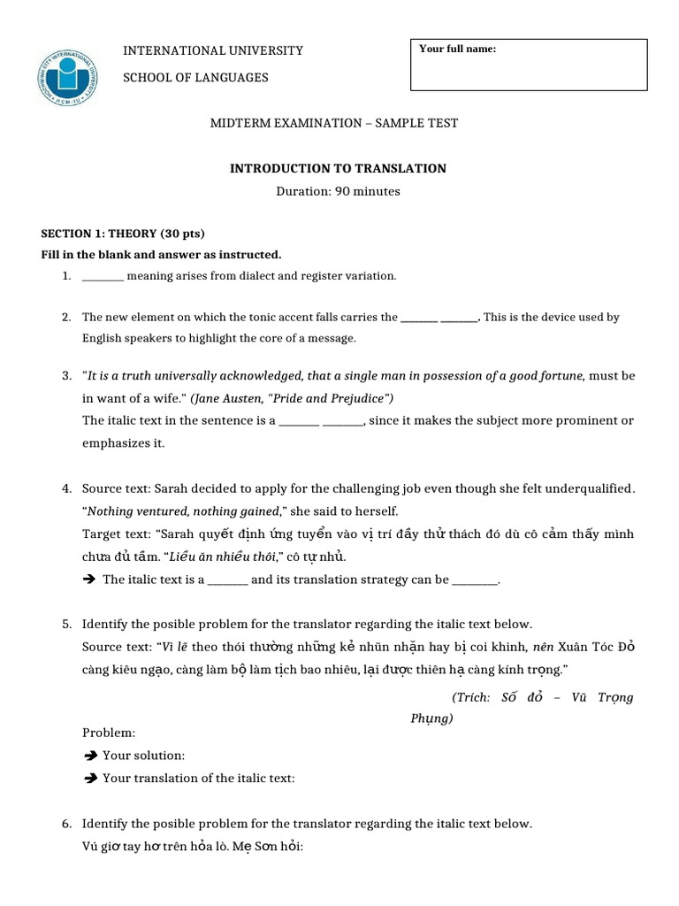 Introduction To Translation - Sample Test For Mid-Term | PDF