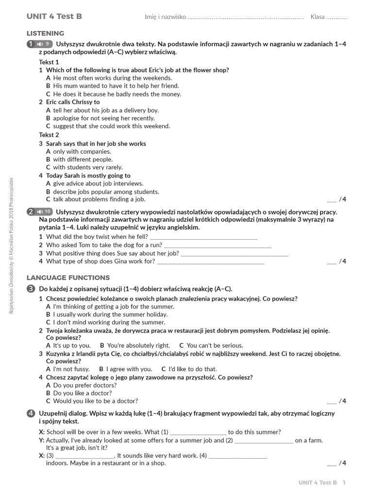 Unit 4 Test B: Listening | PDF