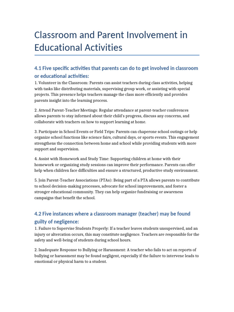 Parent Involvement & Teacher Negligence Guide | PDF | Teachers | Negligence