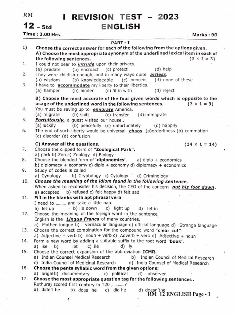 2023 English Revision Test for 12th Std | PDF | Rainforest | Desert