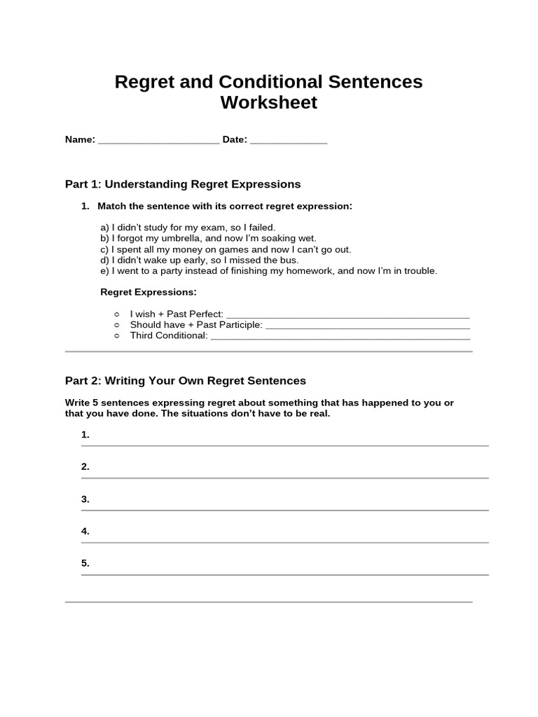 Regret and Conditional Sentences Worksheet | PDF