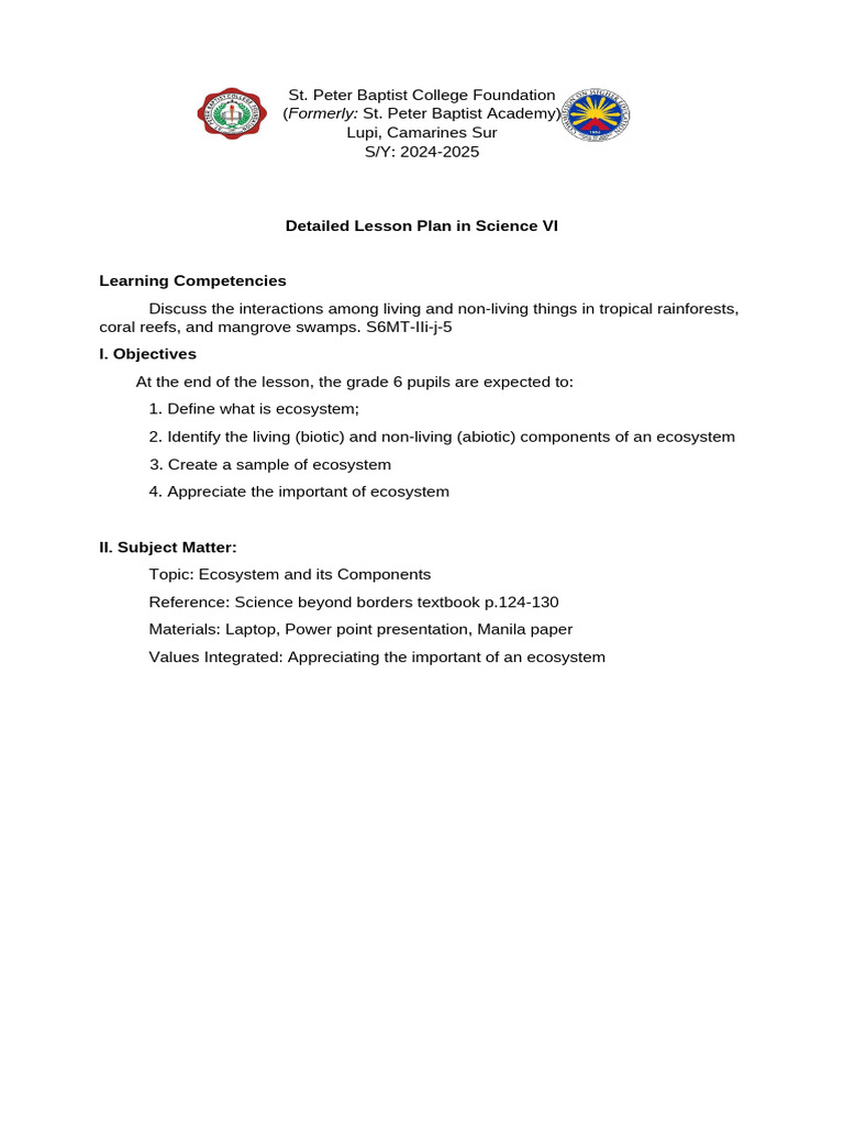 Science VI Ecosystem Lesson Plan | PDF | Ecosystem | Plants
