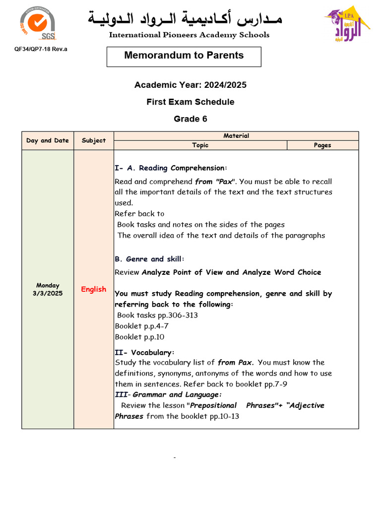 Grade 6 First Exam Schedule 2024/2025 | PDF | Reading Comprehension ...