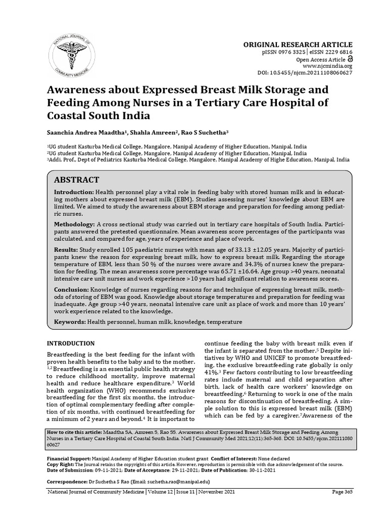 Awareness About Expressed Breast Milk Storage and | PDF | Breastfeeding ...