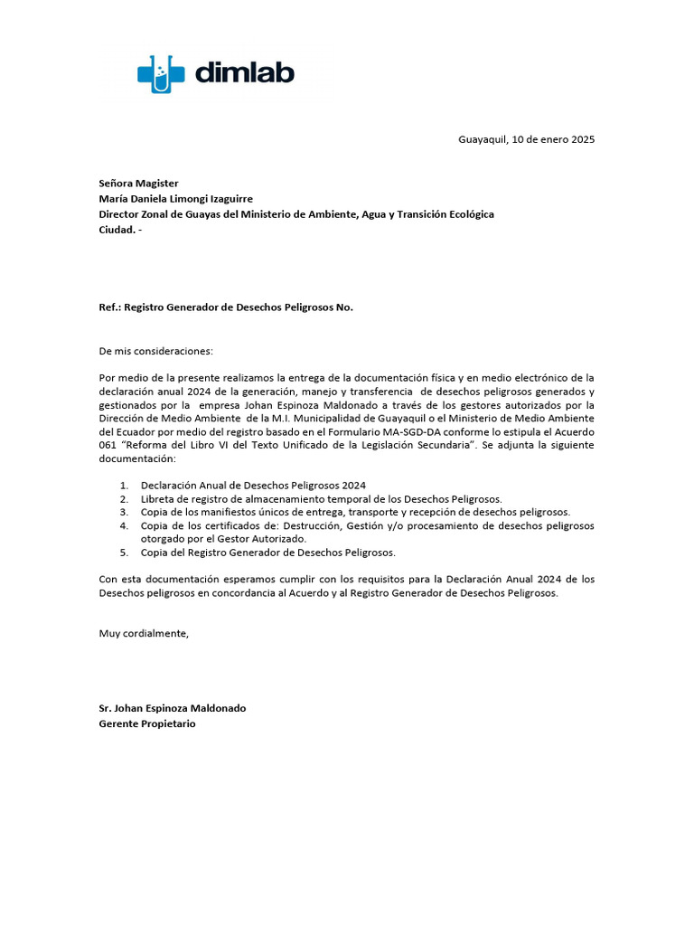 Declaración Anual Desechos Peligrosos 2024 | PDF