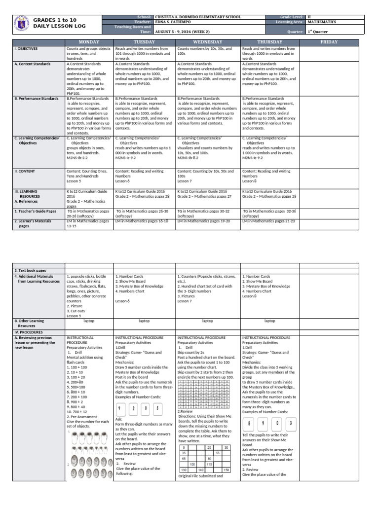 Grade 2 Math Daily Lesson Plan | PDF | Curriculum | Natural Number
