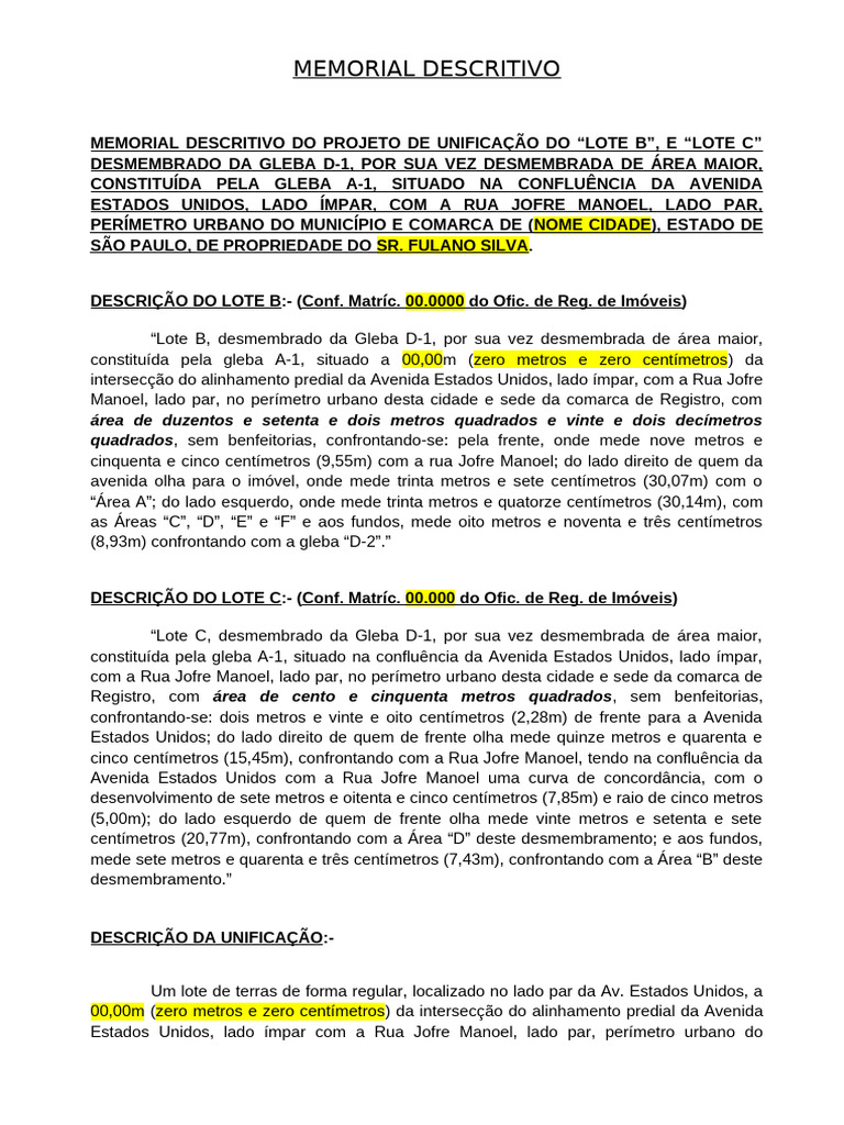 Memorial Descritivo de Unificação de Lotes | PDF