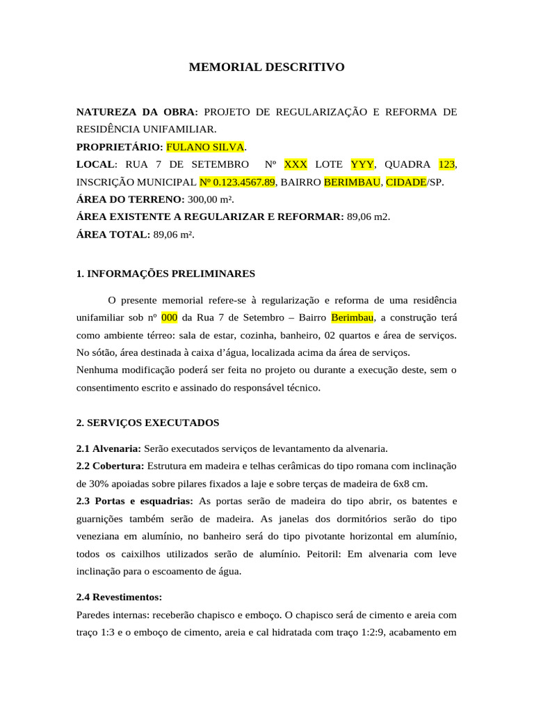 Memorial Descritivo de Reforma Residencial | PDF | Materiais de ...